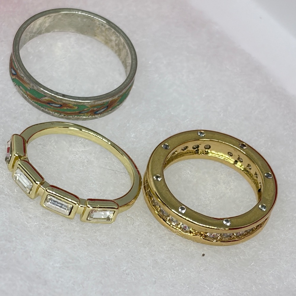 Rings Lot 3 Vintage Enamel Floral Gold‎ Tone CZ Stackable Baguette Channel Set - Picture 2 of 8